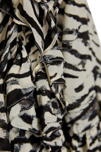 Uzun Kollu Fırfır Detaylı Zebra Desen Dokuma Mini Elbise