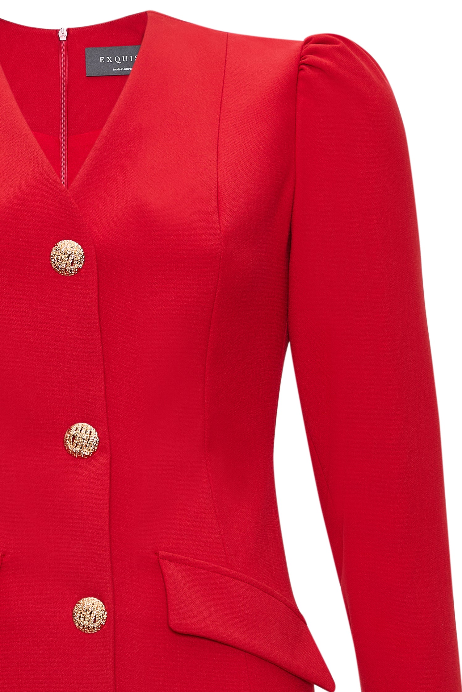 V Yaka Uzun Kollu Düğmeli Regular Mini Kırmızı Elbise