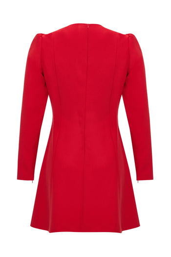 V Yaka Uzun Kollu Düğmeli Regular Mini Kırmızı Elbise