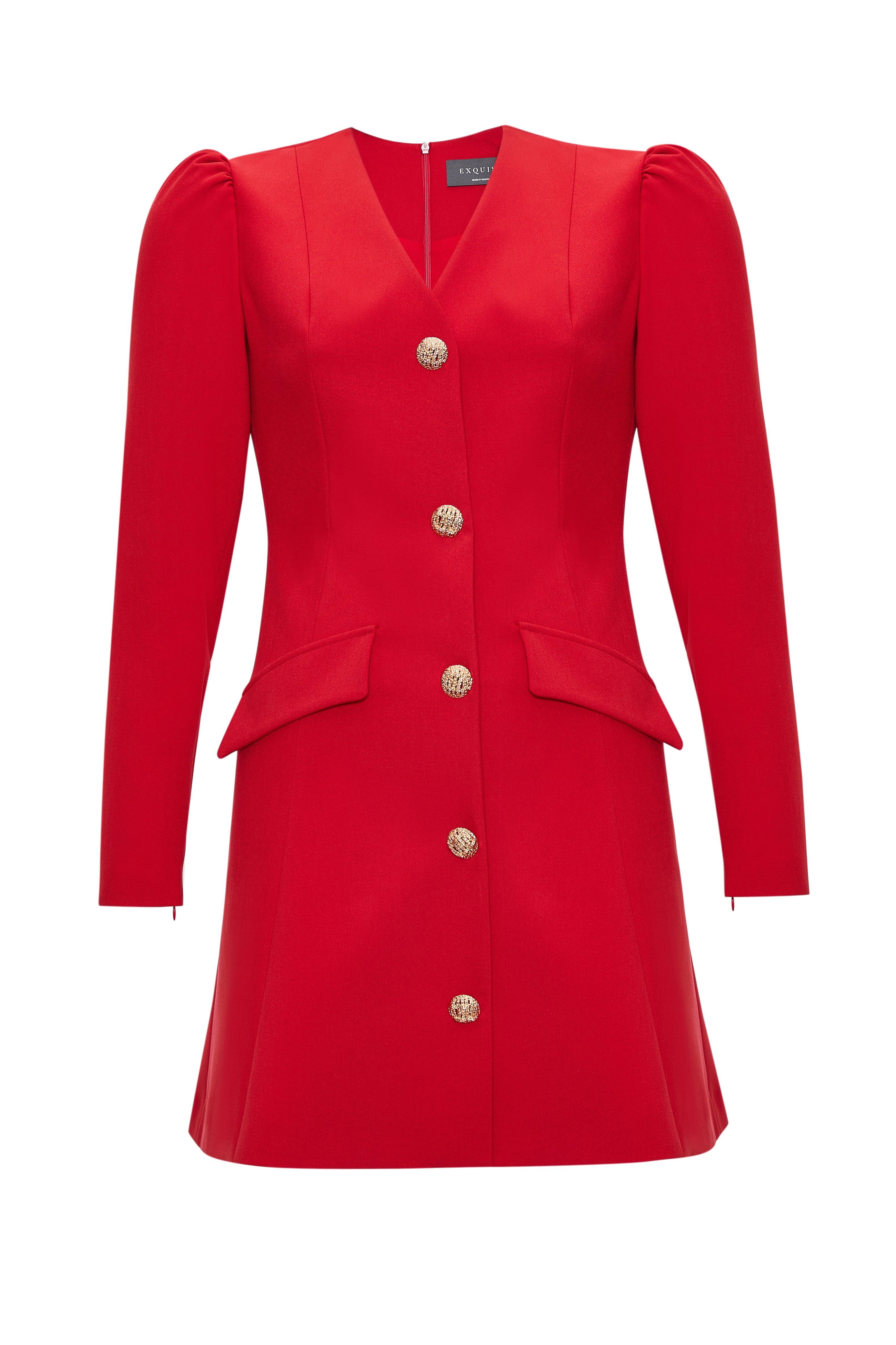 V Yaka Uzun Kollu Düğmeli Regular Mini Kırmızı Elbise