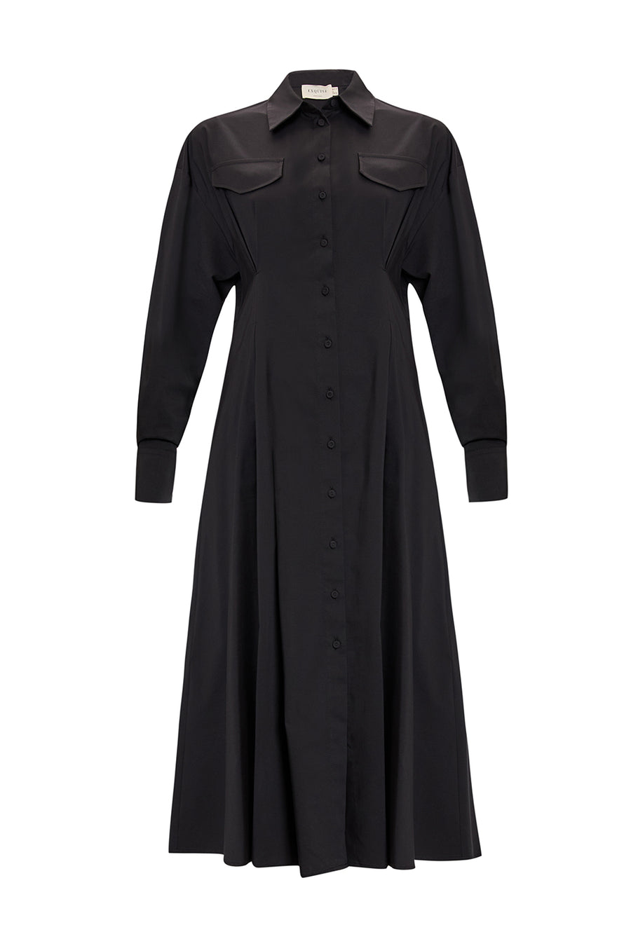 Gömlek Yaka Uzun Kollu Siyah Slim Fit Midi Elbise
