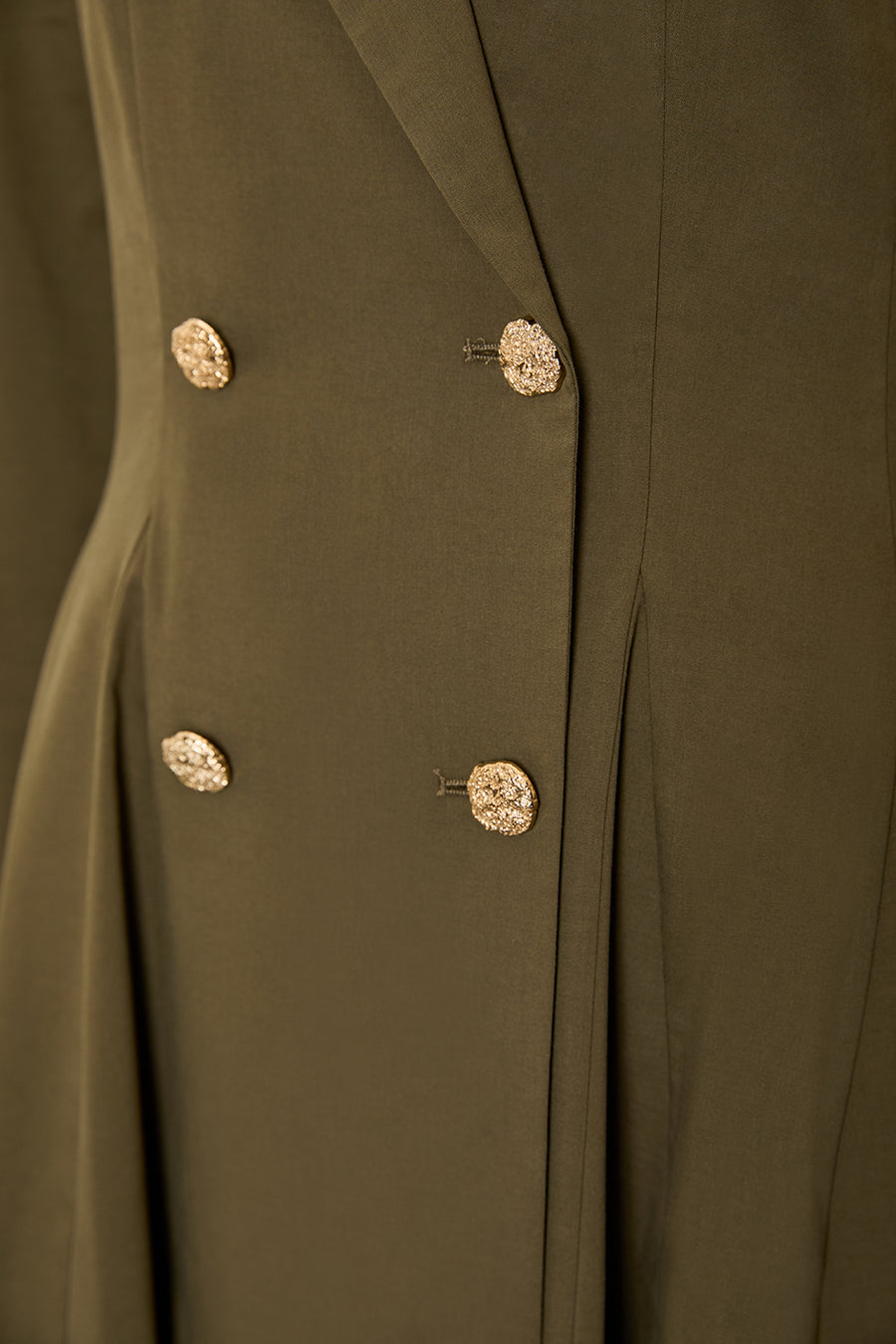 Gold Düğme Detaylı Kruvaze Dokuma Midi Blazer Haki Elbise