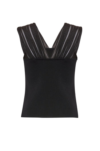 Piliseli Tül Detaylı Kolsuz Triko Bluz