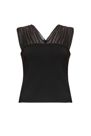 Piliseli Tül Detaylı Kolsuz Triko Bluz