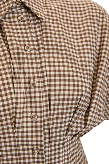 Kare Desenli Kısa Kollu Bel Vurgulu Regular Dokuma Gömlek Elbise