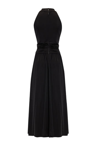 Pliseli Halter Yaka Örme Siyah Elbise