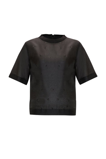 Boncuk İşlemeli Bisiklet Yaka Kısa Kol Regular Bluz