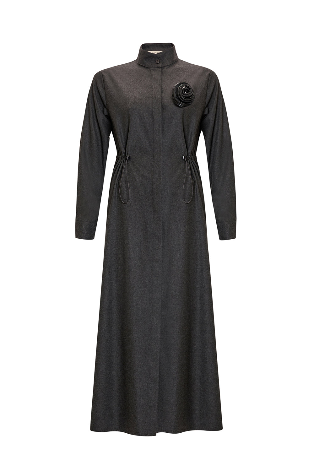 Hakim Yaka Büzgülü Deri Aksesuarlı Uzun Dokuma Elbise