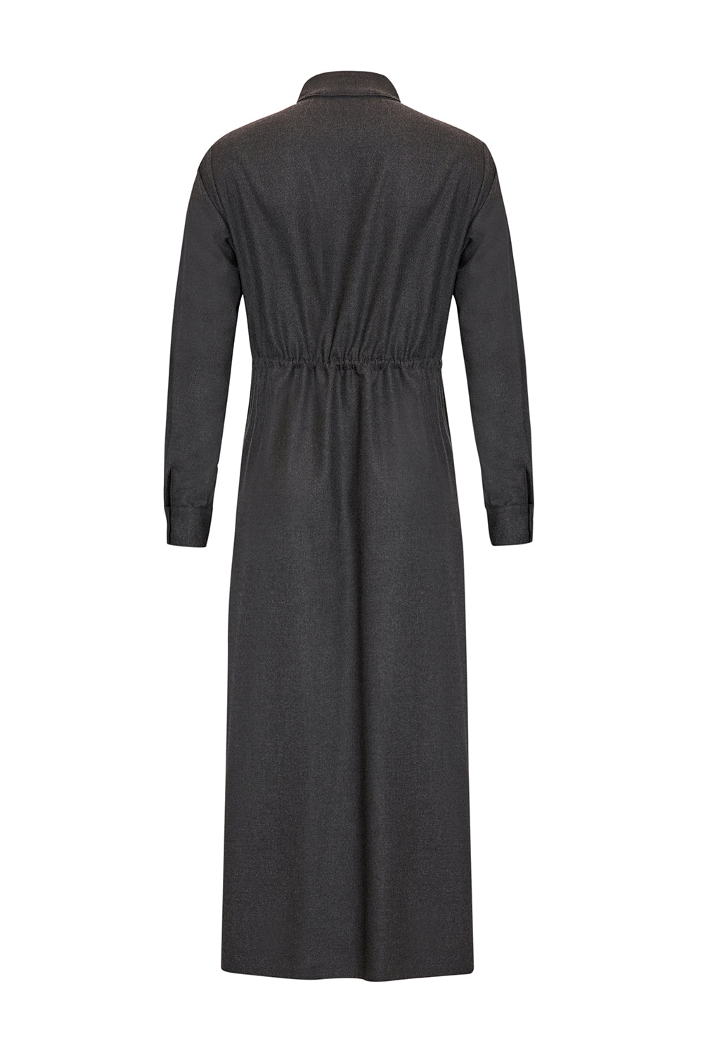 Hakim Yaka Büzgülü Deri Aksesuarlı Uzun Dokuma Elbise