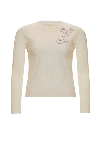 Uzun Kollu Bisiklet Yaka Çiçek İşlemeleri Triko Kazak