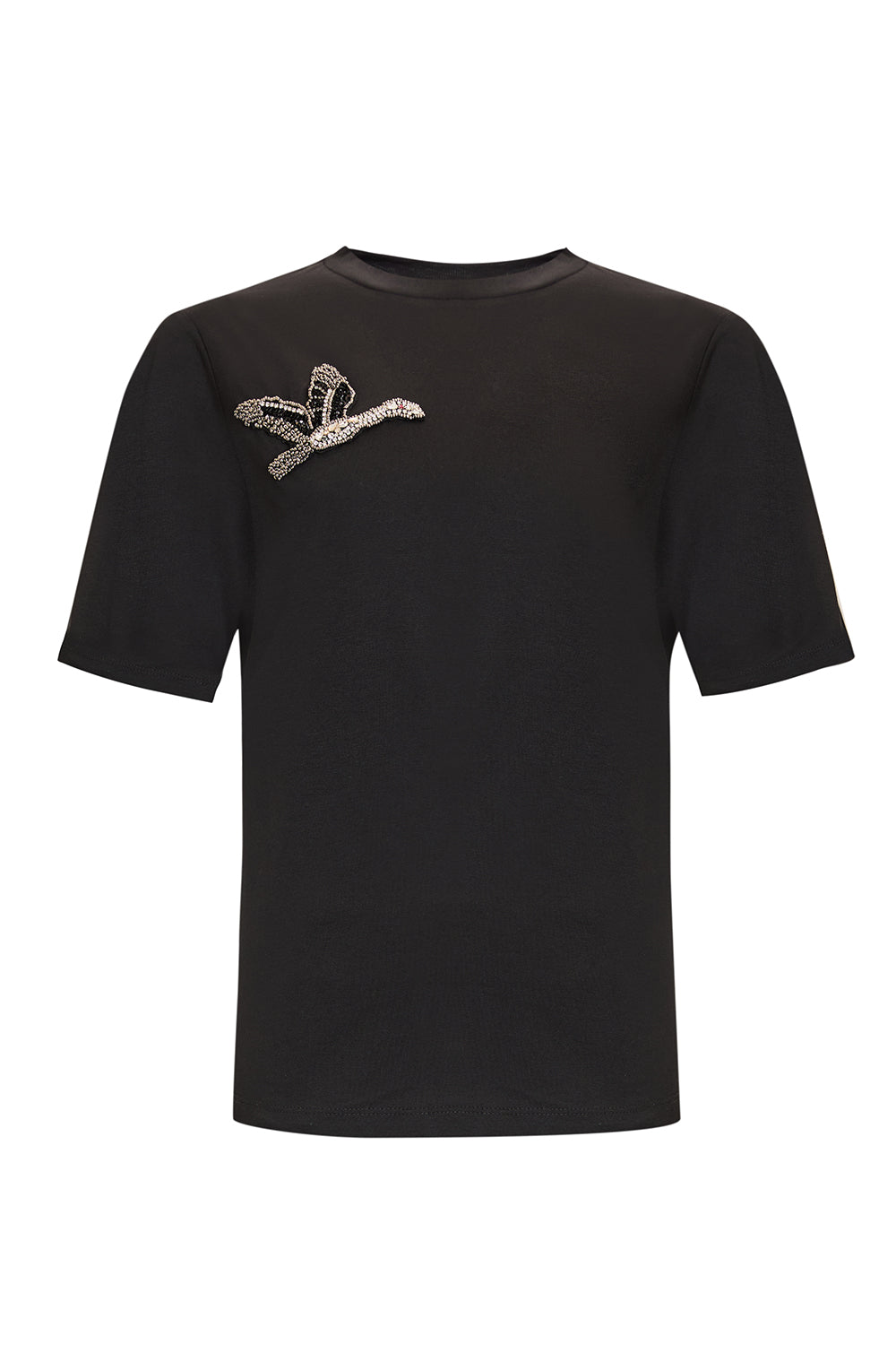 Bisiklet Yaka Kuş İşlemeli Kısa Kollu Örme T-Shirt