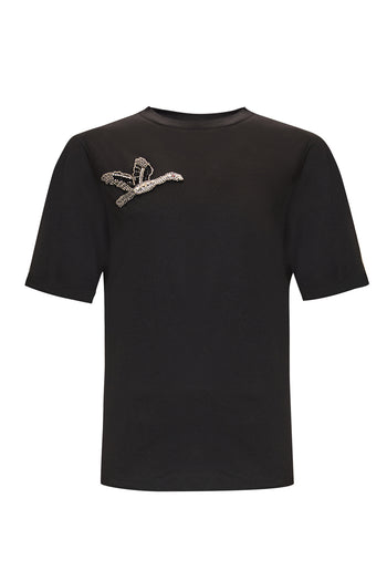 Bisiklet Yaka Kuş İşlemeli Kısa Kollu Örme T-Shirt