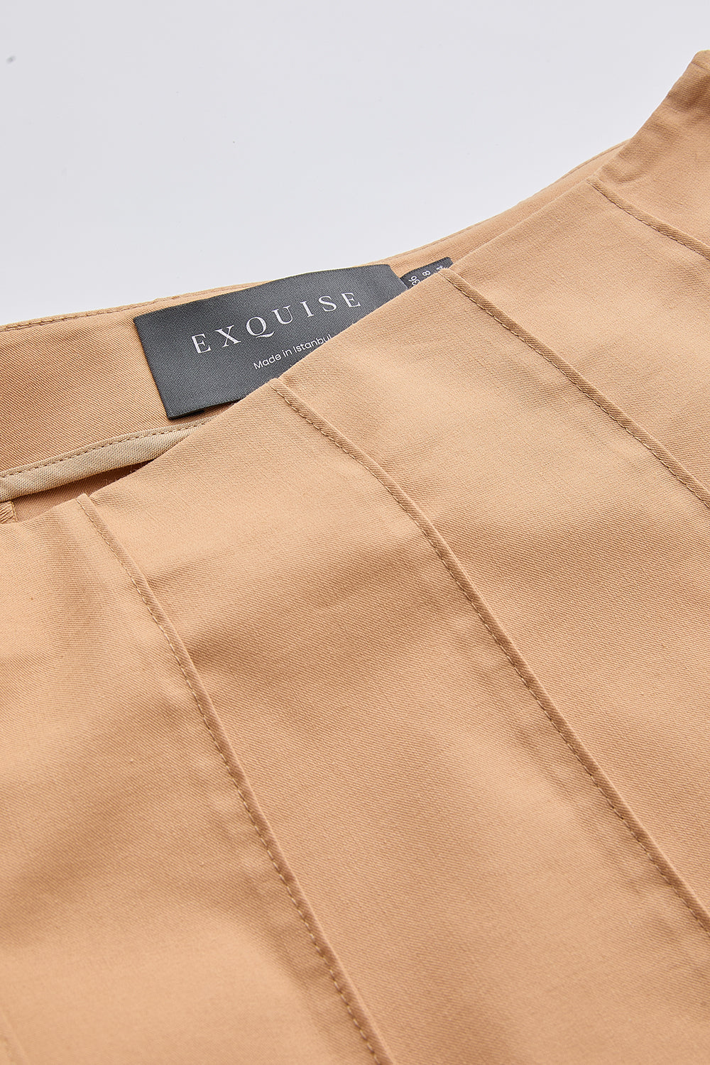 Bele Oturan Çok Parçalı Kloş Midi Camel Etek