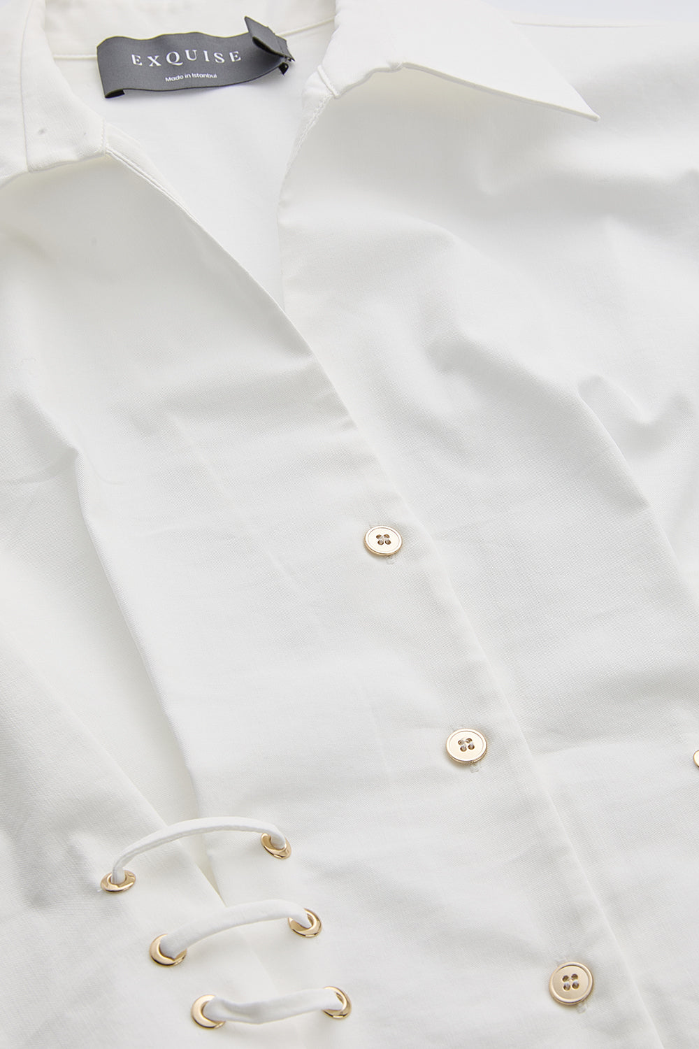 Gömlek Yaka Bağcık Detaylı Bele Oturan Regular Ekru Gömlek