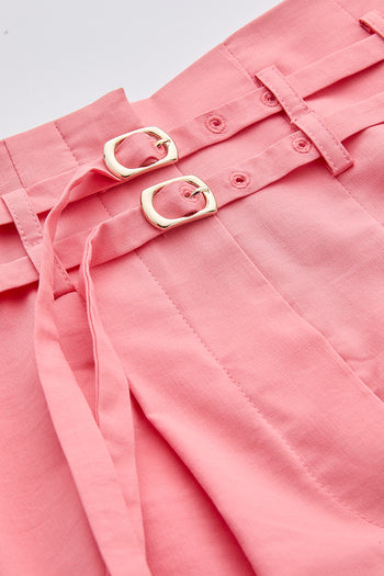 Beli Kemerli Yüksek Bel Pileli Cepli Midi Pembe Etek