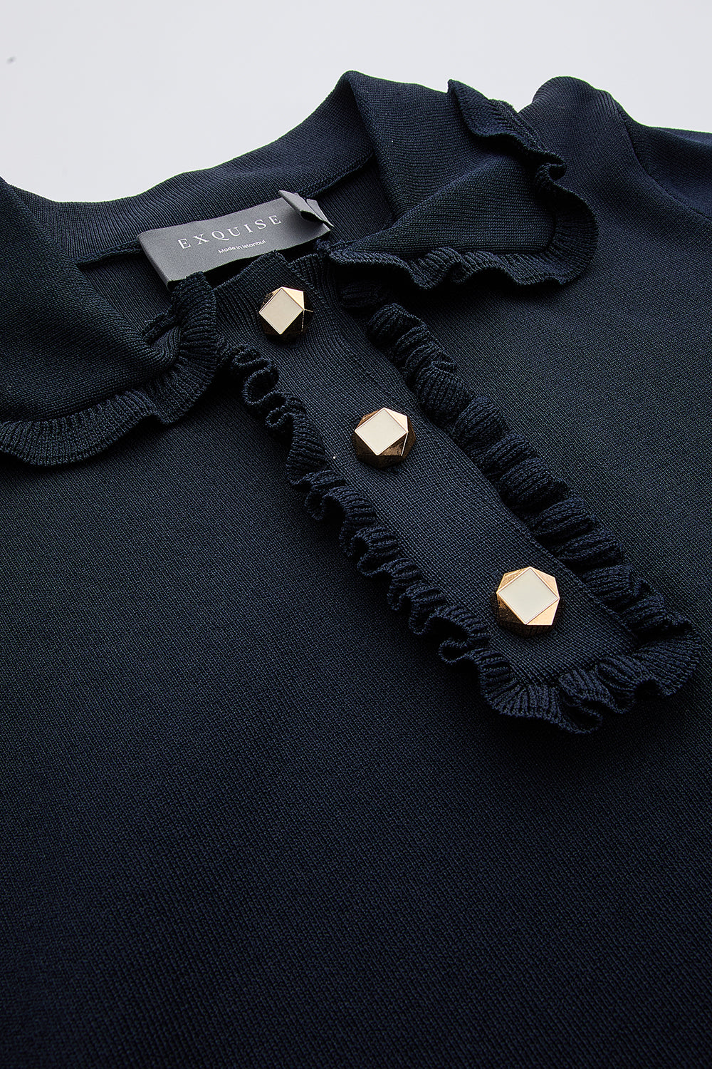 Kısa Kollu Düğmeli Fırfırlı Regular Triko Lacivert Bluz