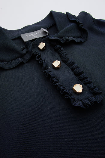 Kısa Kollu Düğmeli Fırfırlı Regular Triko Lacivert Bluz