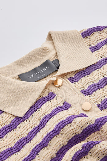 Polo Yaka Kısa Kollu Çizgili Regular Triko Bej Lila Bluz