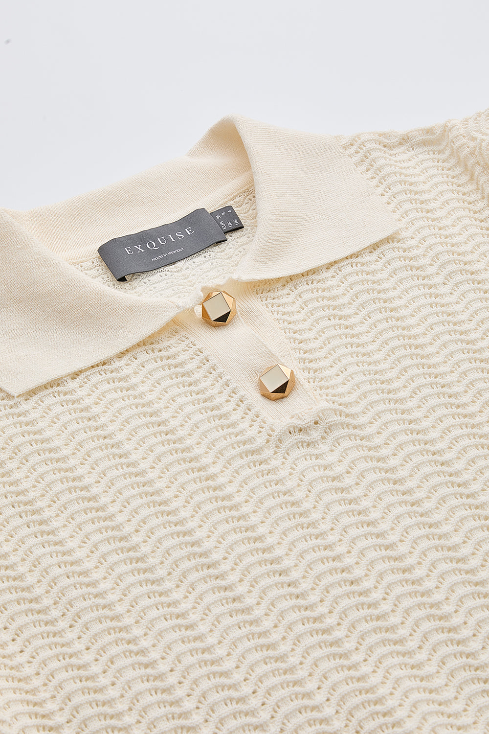 Polo Yaka Düğme Detaylı Kısa Kollu Regular Triko Krem Bluz