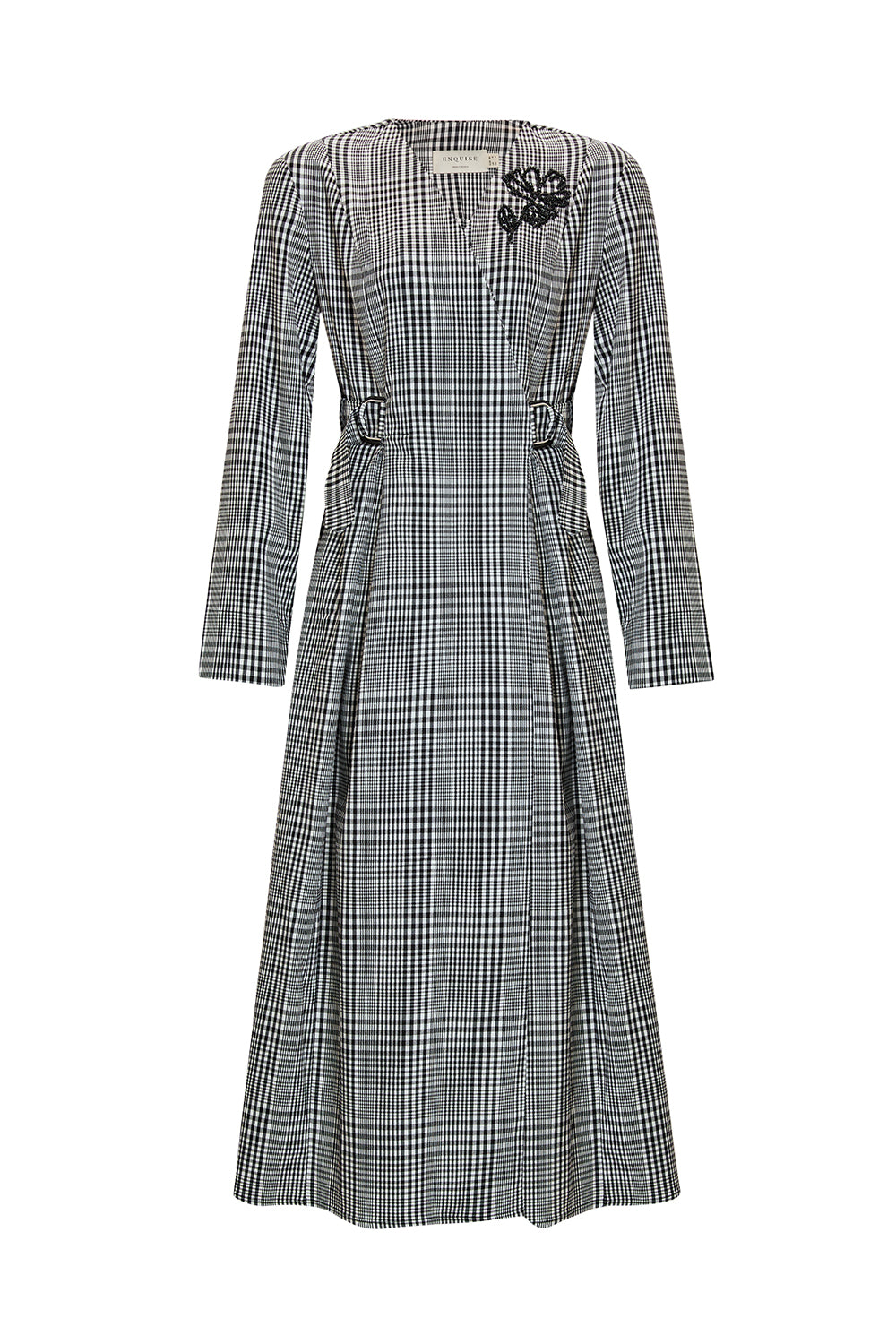 Ekose Beli Kemer Detaylı Anvelop Slim Fit Midi Elbise