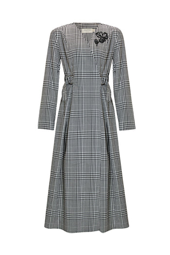 Ekose Beli Kemer Detaylı Anvelop Slim Fit Midi Elbise