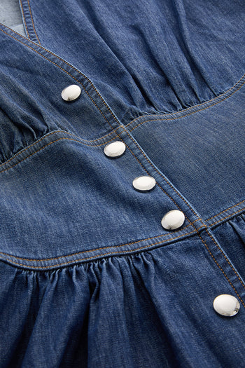 V Yaka Kısa Kollu Cepli Bele Oturan Regular Midi Mavi Elbise