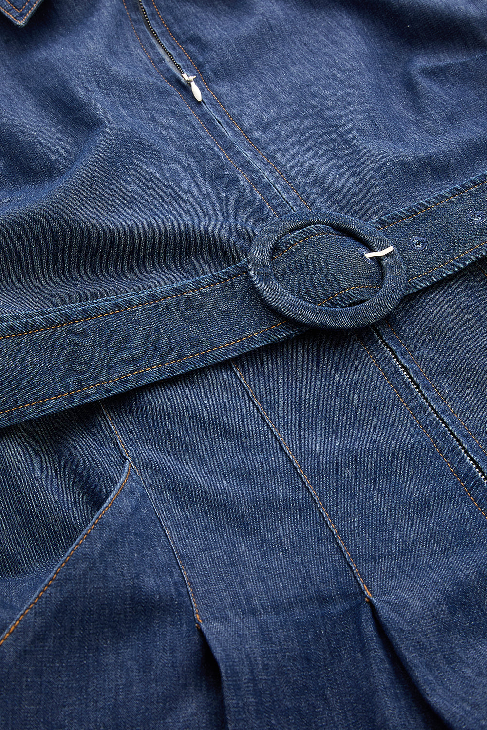 Kolsuz Yakası Fermuarlı Kemerli Cepli Regular Mavi Tulum