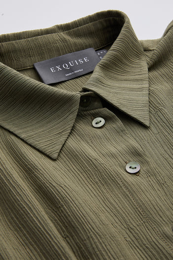 Gömlek Yaka Bele Oturan Düğmeli Regular Krinkle Haki Gömlek