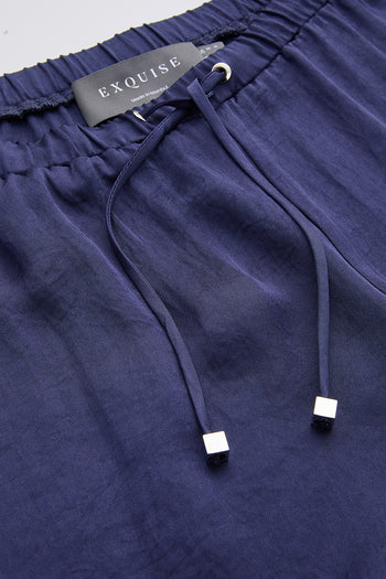 Geniş Paça Saten Görünümlü Beli Bağcıklı Regular Lacivert Pantolon