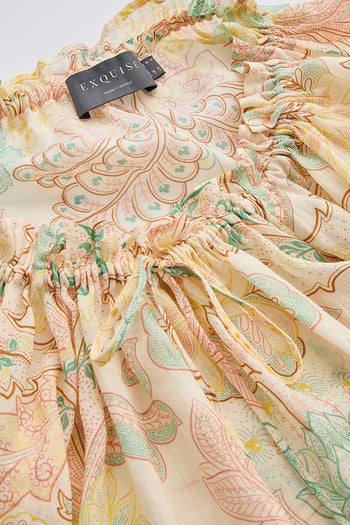 Yakası Bağcıklı Desenli Rami Keten Regular Çok Renkli Bluz