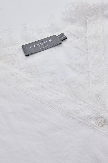 V Yaka Dantelli Uzun Kollu Düğmeli Regular Poplin Kemik Gömlek