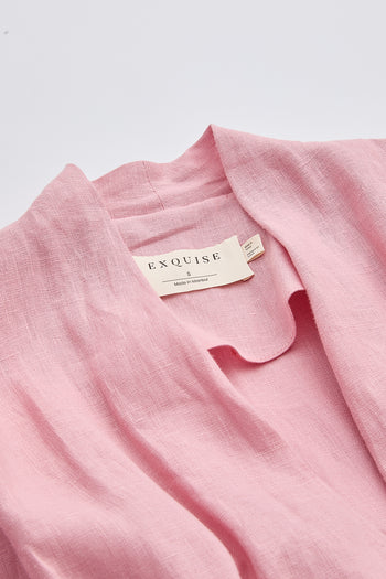 Kısa Kollu V Yaka Keten Karışımlı Regular Mini Pembe Elbise