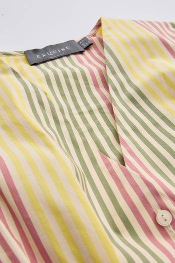 V Yaka Kolsuz Bele Oturan Pileli Regular Çok Renkli Gömlek