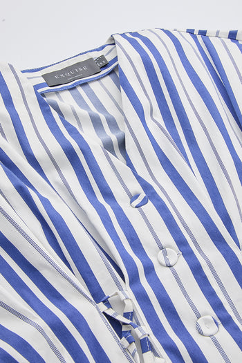 V Yaka Bele Oturan Cepli Regular Midi Saks Kemik Elbise