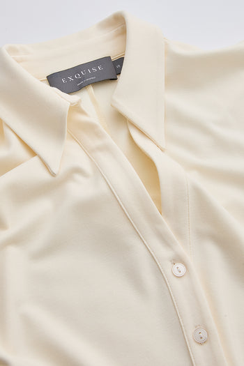 Gömlek Yaka Beli Büzgülü Düğmeli Midi Slim Fit Örme Kemik Elbise