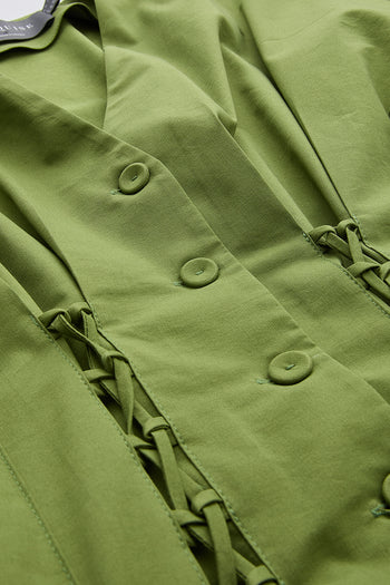 V Yaka Bağcık Detaylı Bele Oturan Cepli Regular Midi Haki Elbise