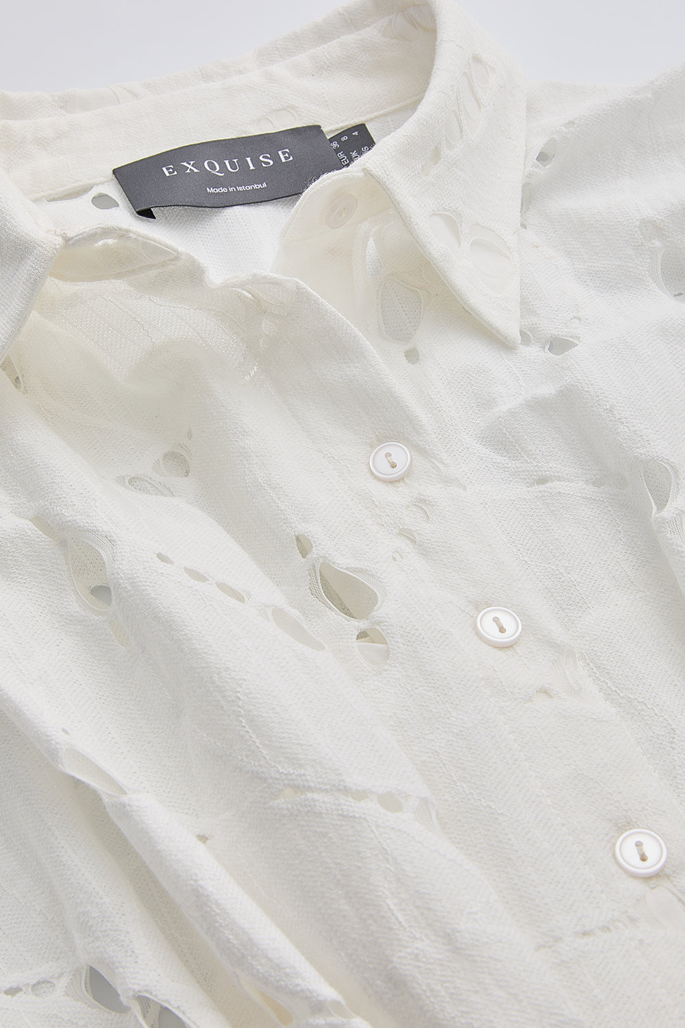 Kısa Kollu Delikli Gömlek Yaka Slim Fit Mini Kemik Elbise