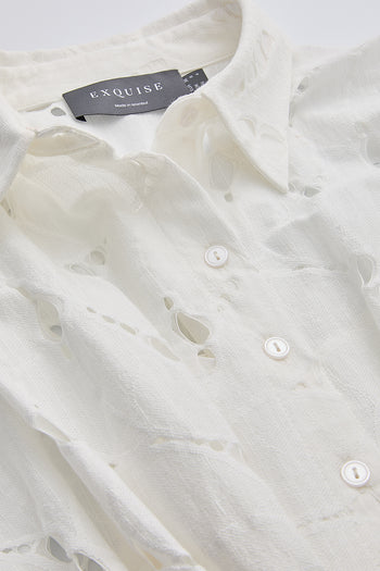 Kısa Kollu Delikli Gömlek Yaka Slim Fit Mini Kemik Elbise