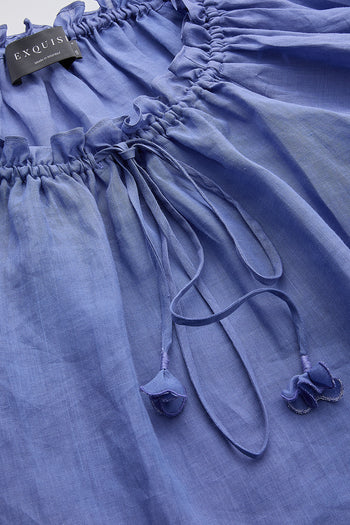 Uzun Kollu Yakası Bağcıklı Rami Keten Regular Peri Bluz