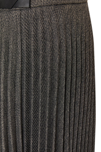 Balık Sırtı Desenli Pilisoley Yüksek Bel Tokalı Regular Midi Etek