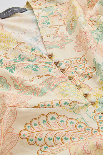 V Yaka Uzun Kollu Düğmeli Kuşaklı Regular Midi Çok Renkli Elbise