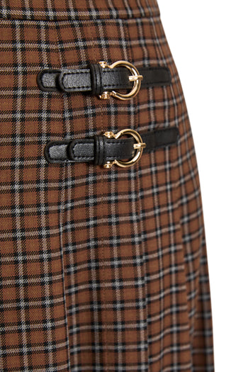 Çift Tokalı Ekose Desen Midi Dokuma Kloş Etek