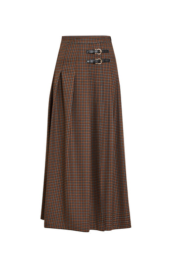 Çift Tokalı Ekose Desen Midi Dokuma Kloş Etek