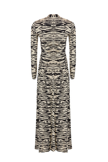 Uzun Kollu Kruvaze Yaka Zebra Desenli Örme Regular Elbise