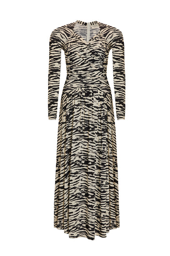 Uzun Kollu Kruvaze Yaka Zebra Desenli Örme Regular Elbise