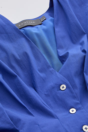 V Yaka Bele Oturan Kısa Kollu Regular Midi Saks Elbise