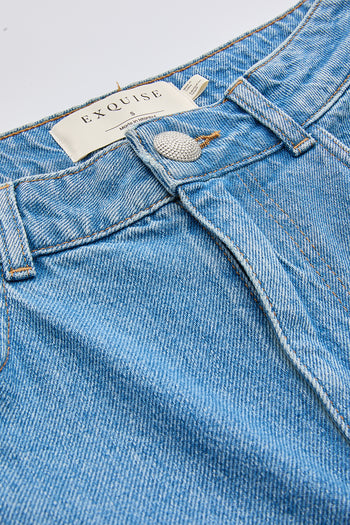 Yüksek Bel Geniş Paça Regular Denim Mavi Pantolon