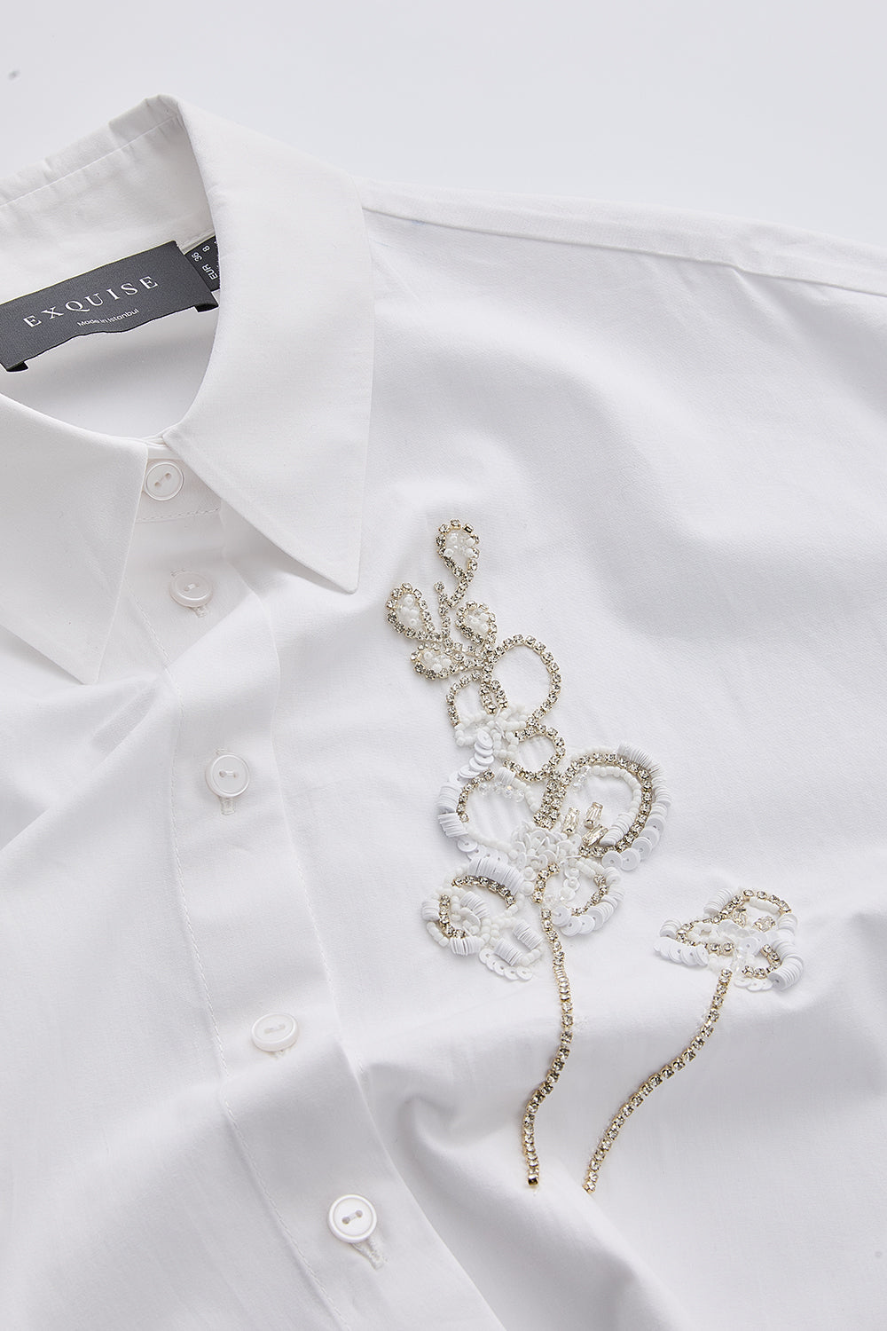 Gömlek Yaka Uzun Kollu Manşetli İşlemeli Beyaz Regular Gömlek