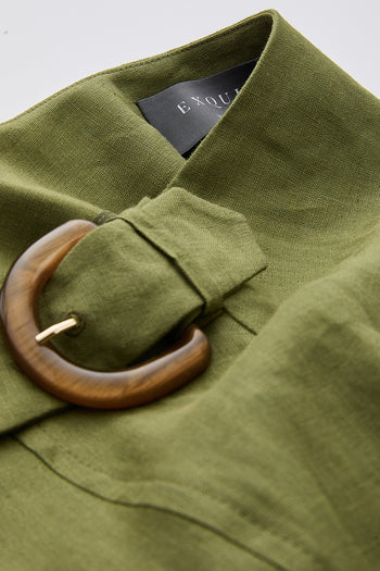 Yırtmaçlı Tokalı Fermuarlı Regular Midi Keten Haki Etek