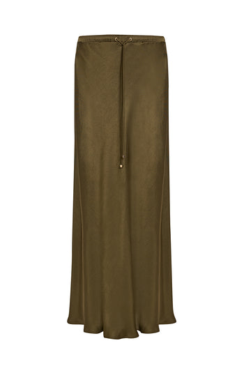 Saten Yüzeyli Bağcıklı Regular Dokuma Midi Etek